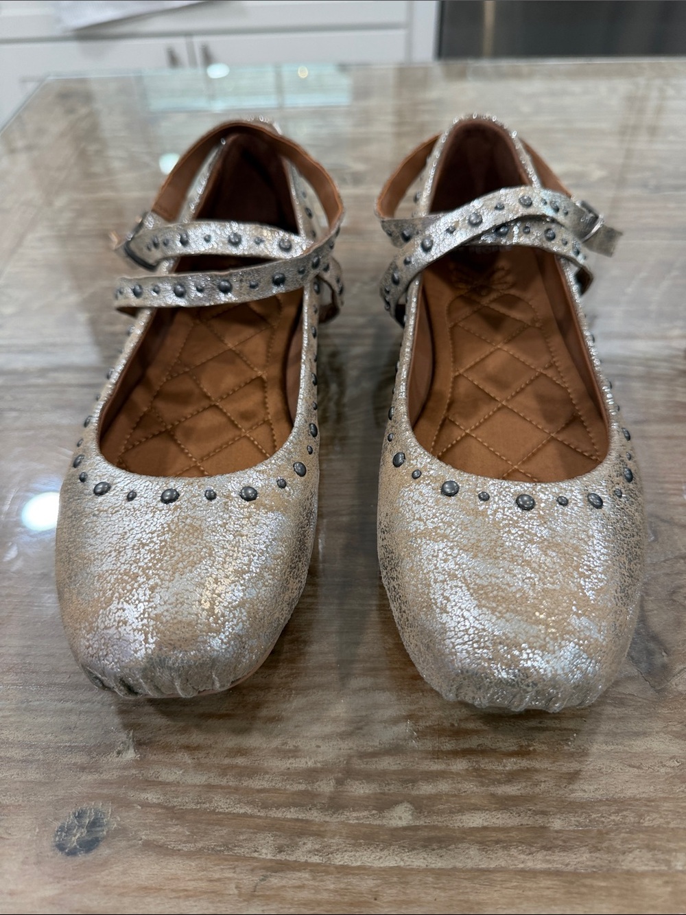 Free People Metallic Champagne Mary Jane Flats with Stud Detail
